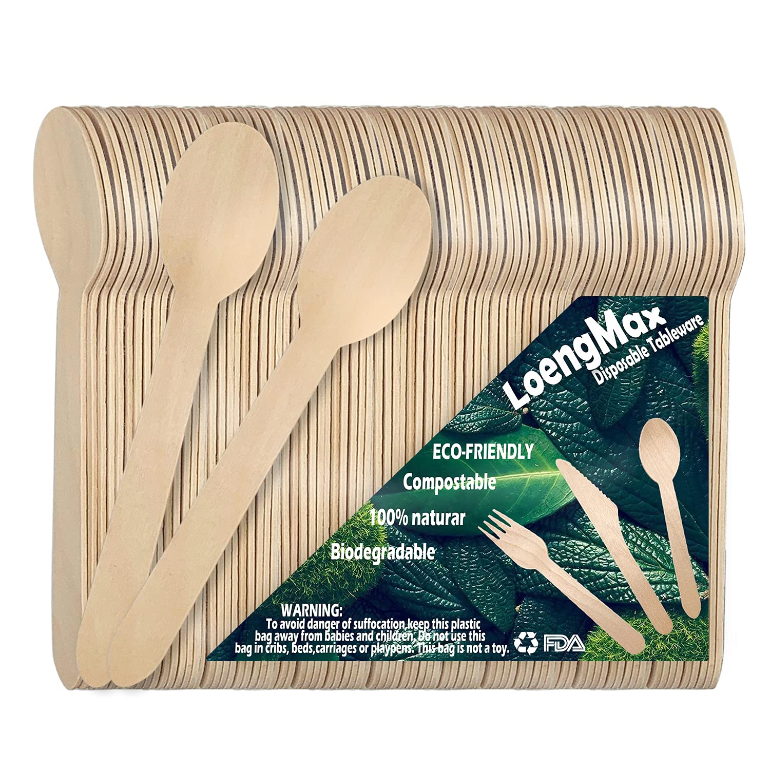 LoengMax Disposable Wooden Spoons-100PCS 6" Length-Wood Cutlery Wooden Utensils