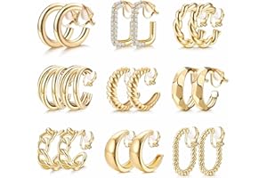THUNARAZ 9 Pairs Clip on Earrings for Women 14K Gold Plated Chunky Hoop Clips Earring Trendy Clip on Hoop Earrings for Women Non-Pierced Fake Jewelry