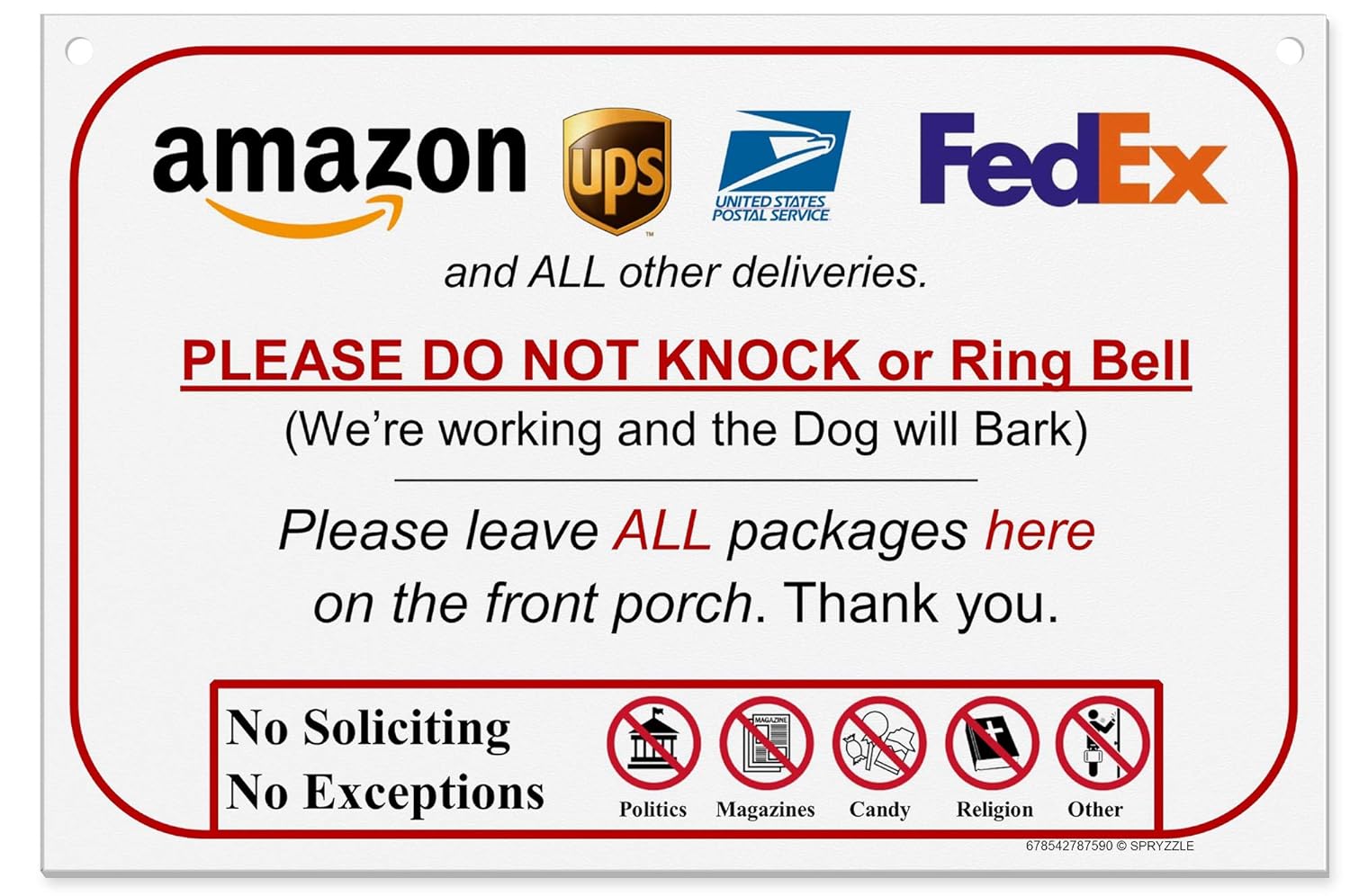 Leave Package Sign - Do Not Knock or Ring Bell (Dog will Bark - Hang sign)