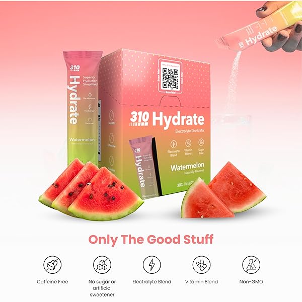 310 NUTRITION SUGAR FREE ELECTROLYTES POWDER – INSTANT HYDRATION PACKETS FOR DAILY FLUID BALANCE – CAFFEINE-FREE REHYDRATION DRINK MIX W/ VITAMINS, LOW CALORIE & KETO FRIENDLY – WATERMELON 30 SINGLES