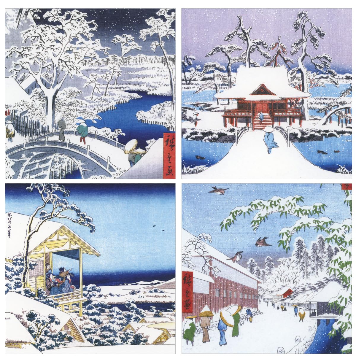 Christmas Theme Boxed Cards - 20 Cards, 4 Designs - Winter Woodblock Prints