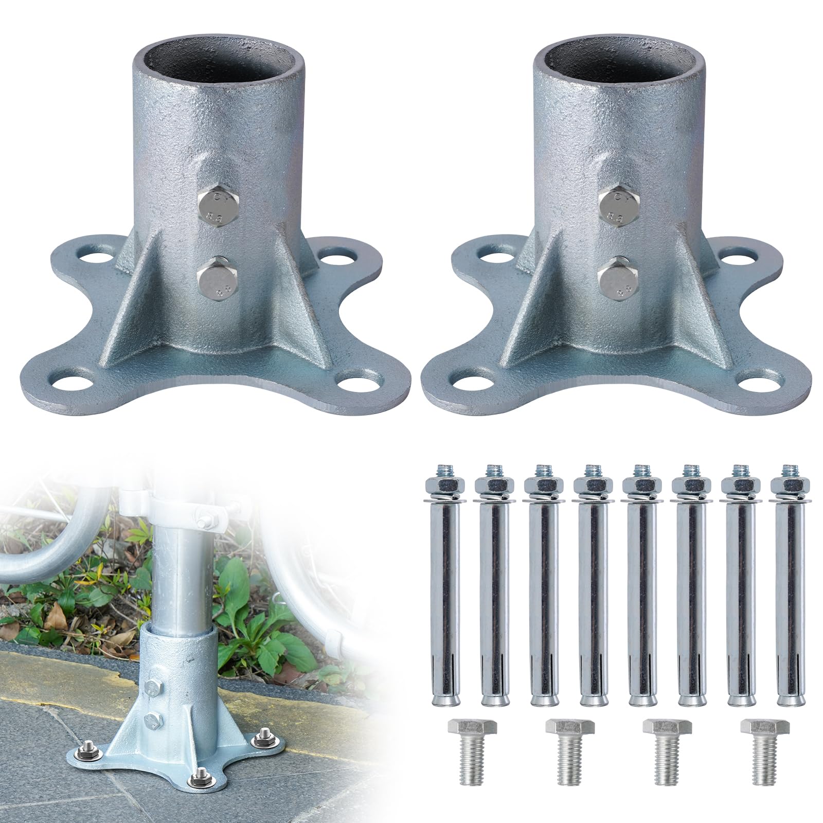Photo 1 of 2 1/2" Chain Link Fence Post Floor Flange, Heavy-Duty Galvanized Steel, One-Piece Cast Base, Reinforced Design, Includes Mounting Hardware 2pack