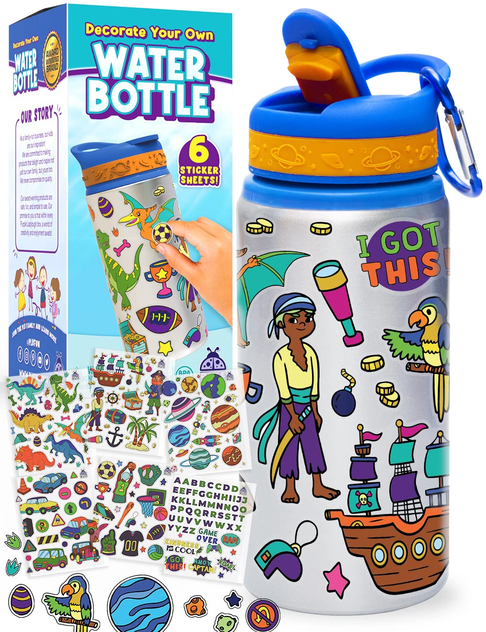 PURPLE LADYBUG Decorate Your Own Water Bottle Craft Kits for Kids - Cool 6 Year Old Boy Gifts Ideas, Birthday Presents for Ages 6 7 8 9 10+, Fun 5 Year Old Boy Gifts, & Kids Water Bottle for Boys
