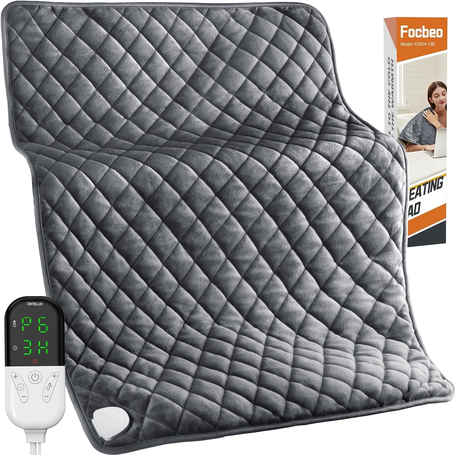 Focbeo 35" x 20" Heat Pad for Back Pain Relief, Extra Large Electric Heating Pad with 6 Temperature Levels 4 Time Settings Heat Pads for Neck Shoulder Belly, Auto Shut Off, Machine Washable
