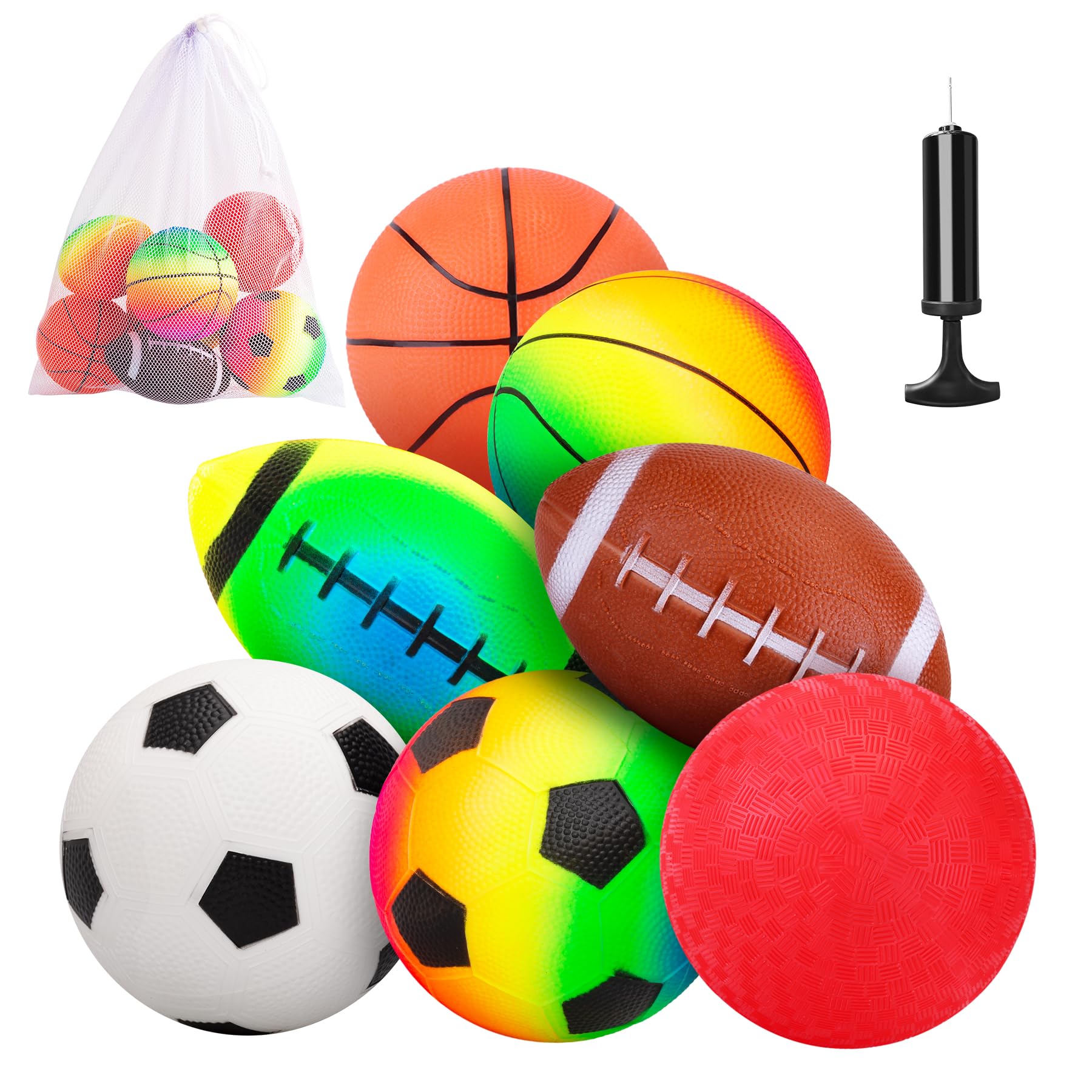 INPODAK 7pcs Balls for Toddlers 1-3, Rainbow Balls, 5 Inches PVC Football, Mini Basketball, Small Playground Ball, Backyard Game Ball Set for Indoor Outdoor
