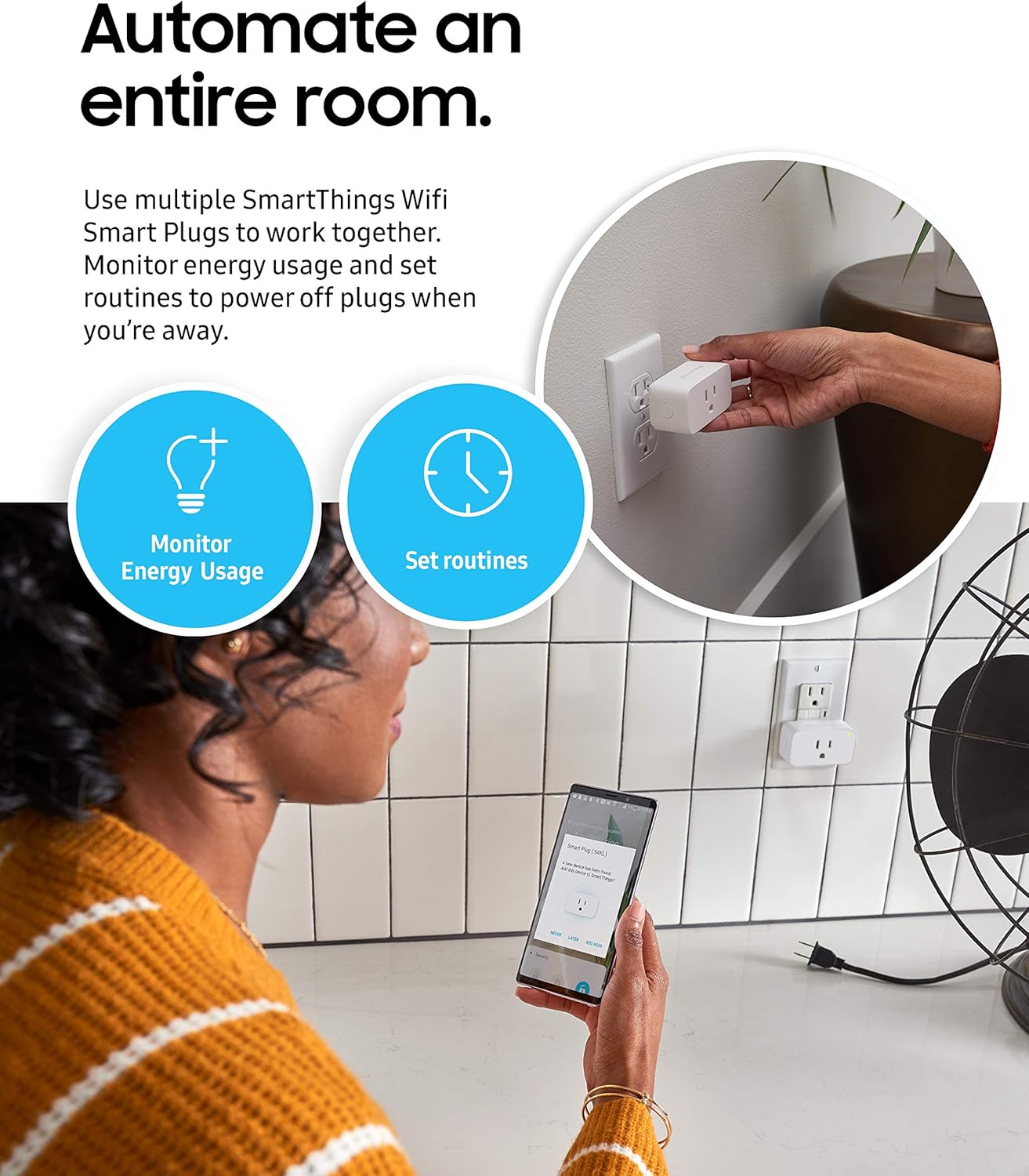 SAMSUNG SmartThings WiFi Plug In Outlet for Smart Home | Control Connected Devices, Monitor Energy Usage, Operate with Voice Commands, No Hub Required | White - - 