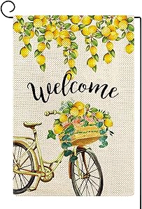 ORTIGIA Welcome Summer Bicycle Garden Flag 12x18 Double Sided,Summer Fruit Lemon Yard Flag for Outside,Summer Spring Farmhouse Seasonal Holiday Outdoor Decorations for Lawn Patio