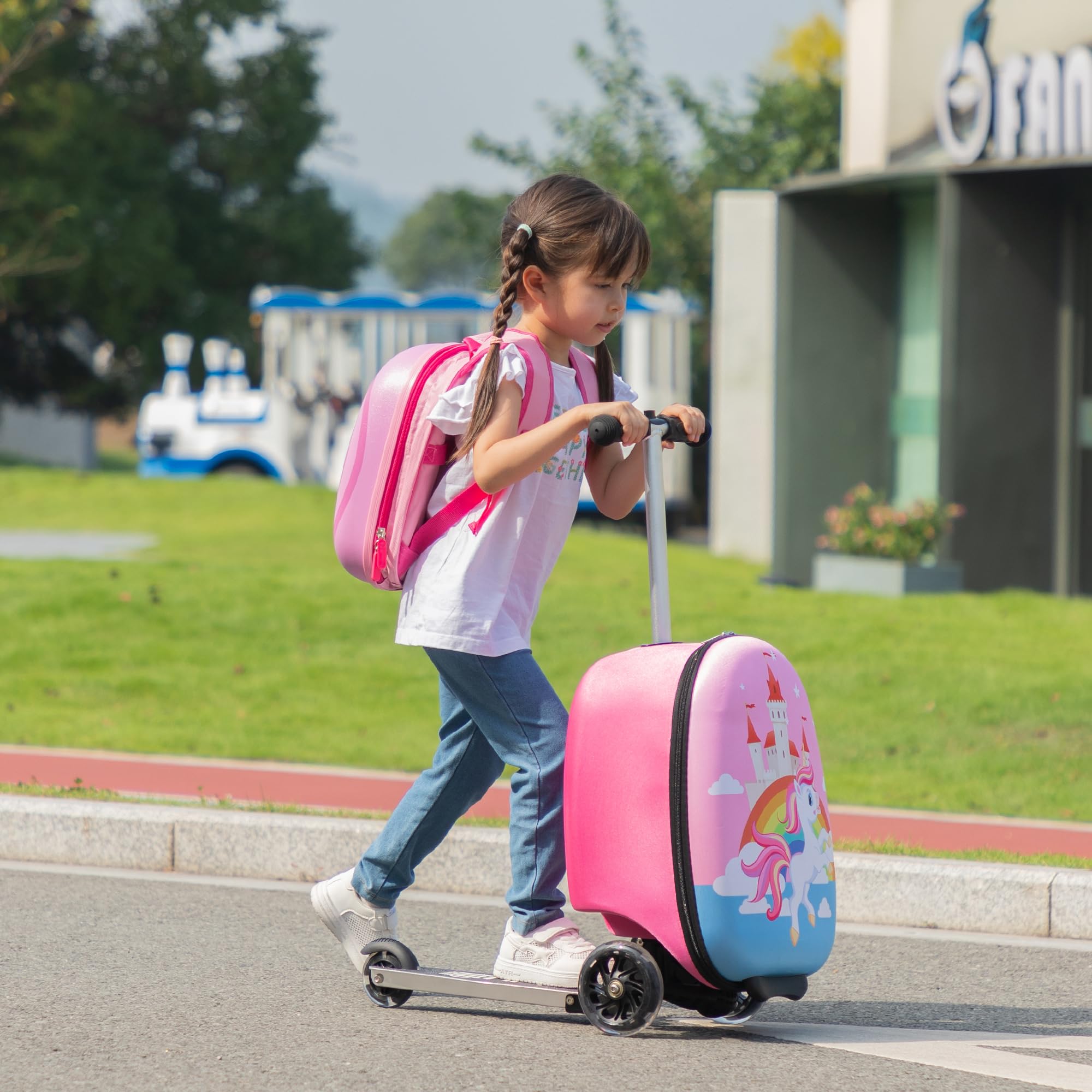 VLIVE Scooter Suitcase, Kid Carry on Luggage Scooter, Children Ride on Luggage for Girls, Luggage for Kids (Unicorn)