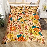Castle Fairy 70s Hippie Flowers Duvet Cover Set King Size,Retro Groovy Boho Botanical Comforter Cover with 2 Pillowcases,3 Piece,Yellow Orange Red Floral Bedding Set for Adult Young Bedroom Xmas Gift