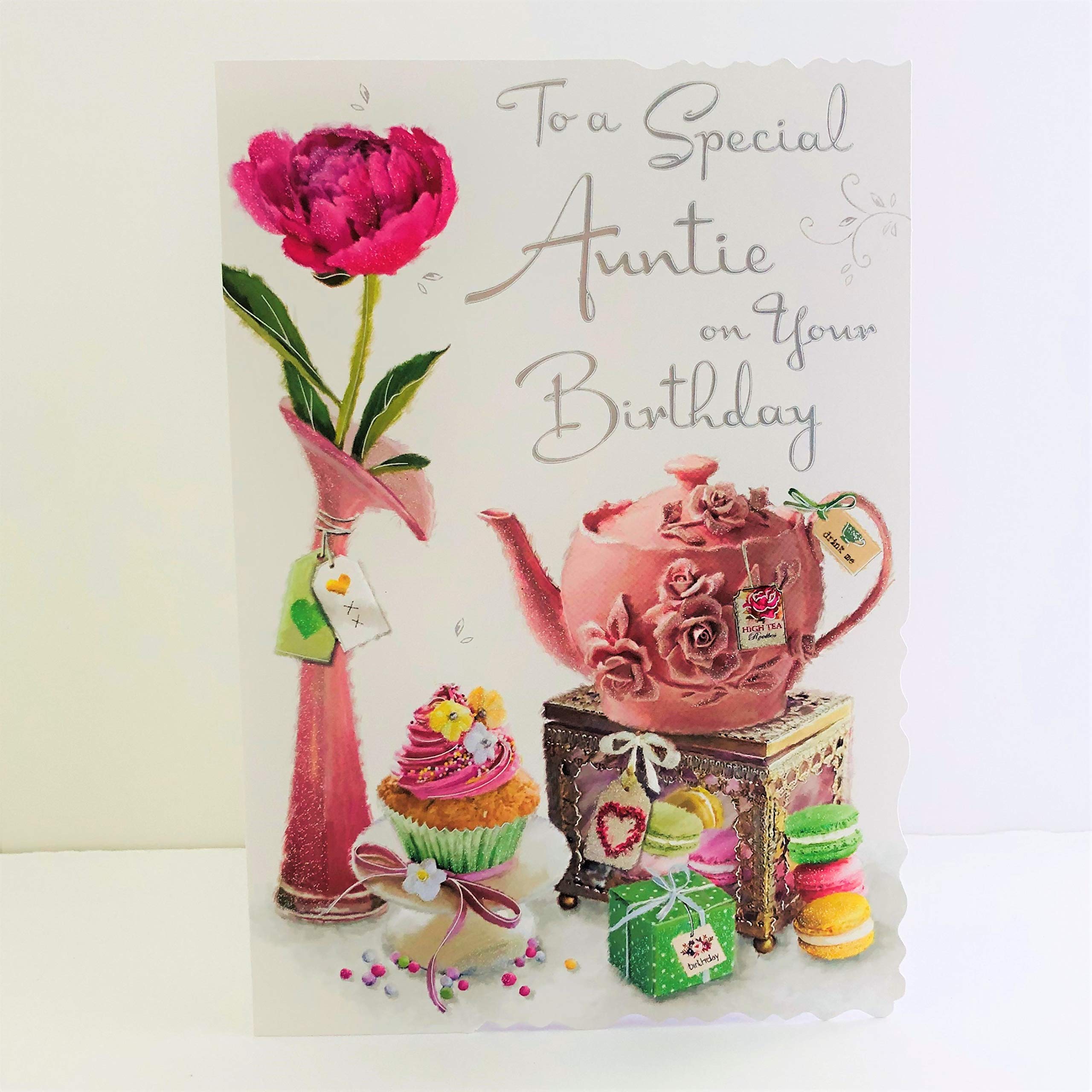 Jonny Javelin to A Special Auntie On Your Birthday Card - Teapot Cupcake Presents Flowers