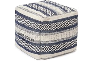 REDEARTH · UNSTUFFED Pouf Ottoman Cover Textured Storage Cube Bean Bag Poof Pouffe Footrest for Living Room, Bedroom, Patio, Gym; 100% Cotton (18"X18"X18", Indigo Impressions)