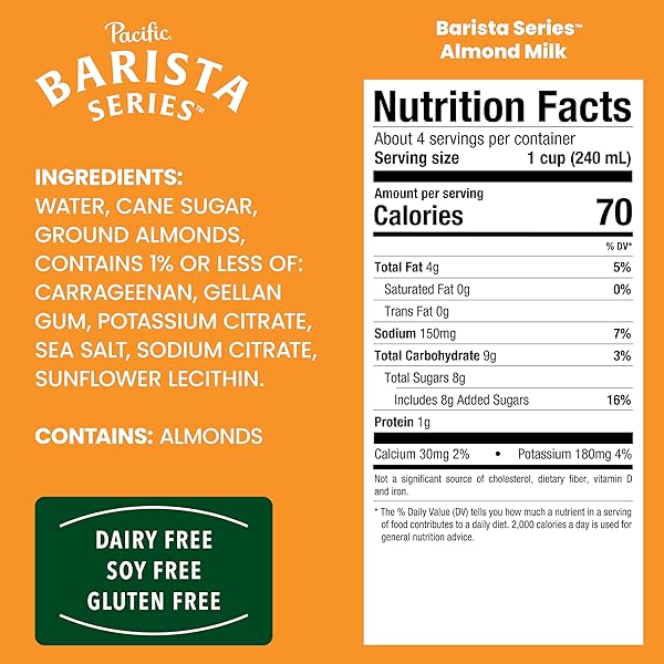 PACIFIC FOODS BARISTA SERIES ORIGINAL ALMOND MILK, PLANT BASED MILK, 32 OZ CARTON
