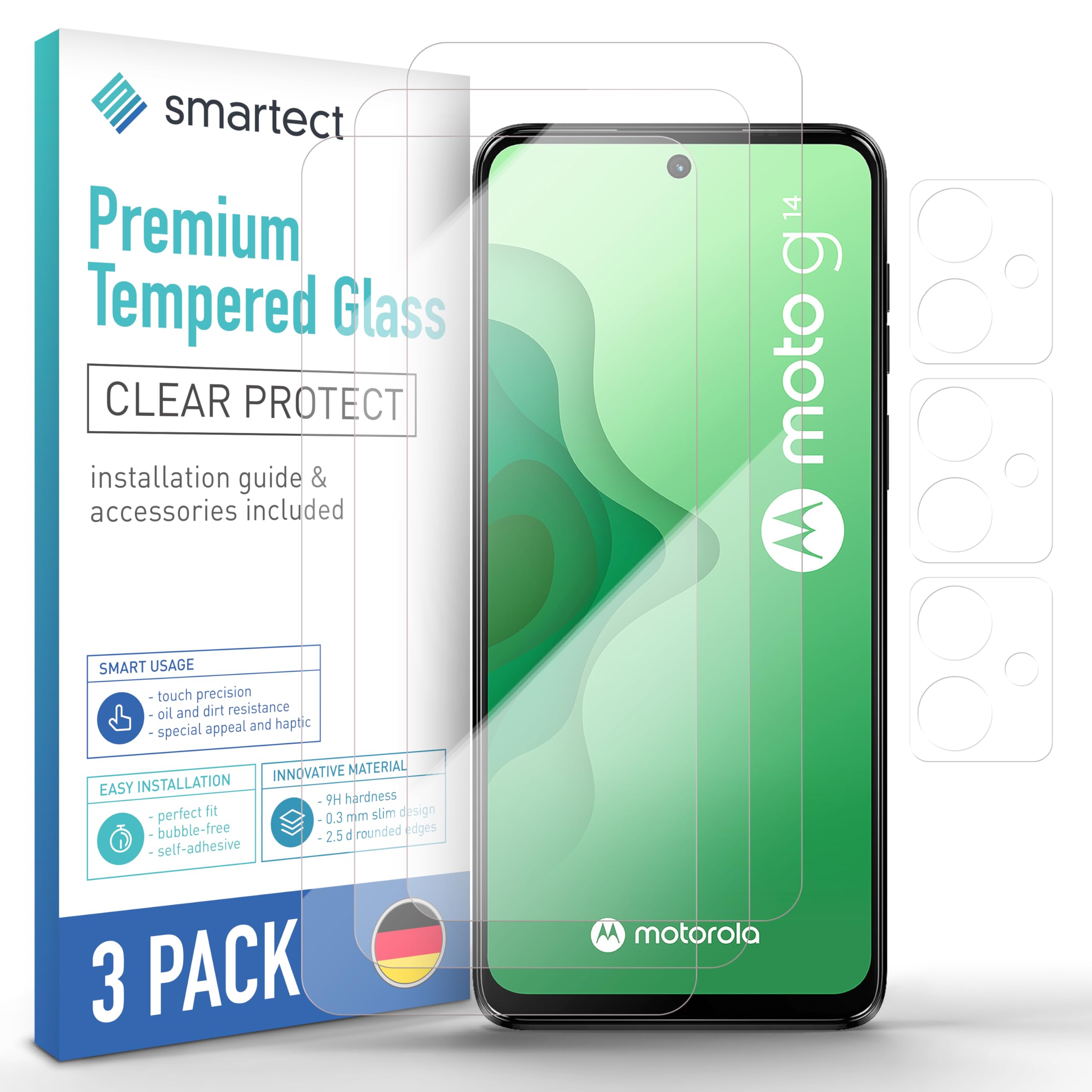 smartect Glass Screen Protector [3 + 3 Pieces, Ultra-Clear] for Motorola Moto G14, Display + Camera, HD Protective Film Anti Scratch, Bubble Free, 9H Hardness, Ultra Resistant