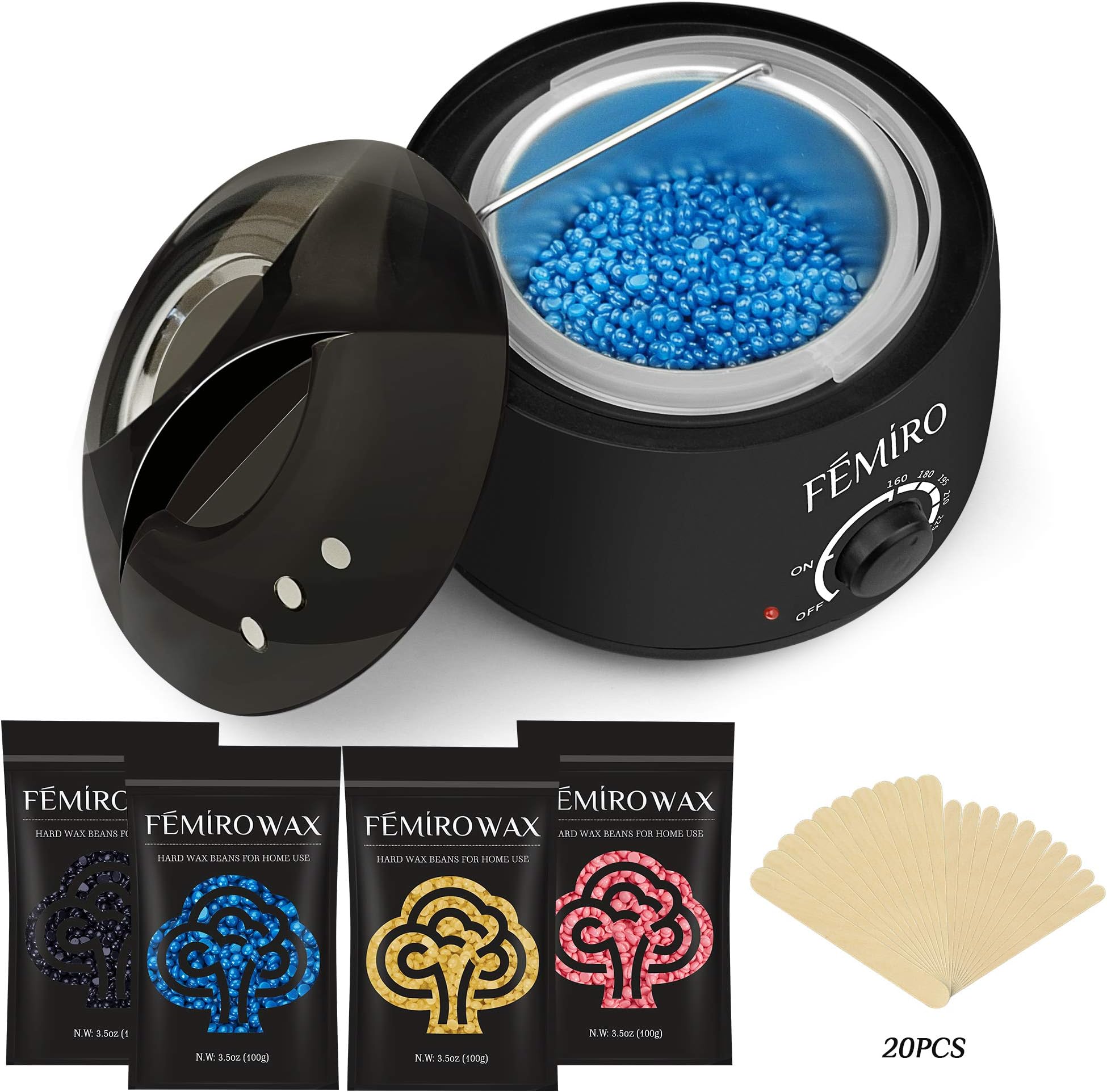 Wax Heater, FEMIRO Wax Warmer Hair Removal Home Waxing Kit for Women Men Painless with 4 Flavors Hard Wax Beans (3.5oz/Bag) 20 Waxing Spatulas