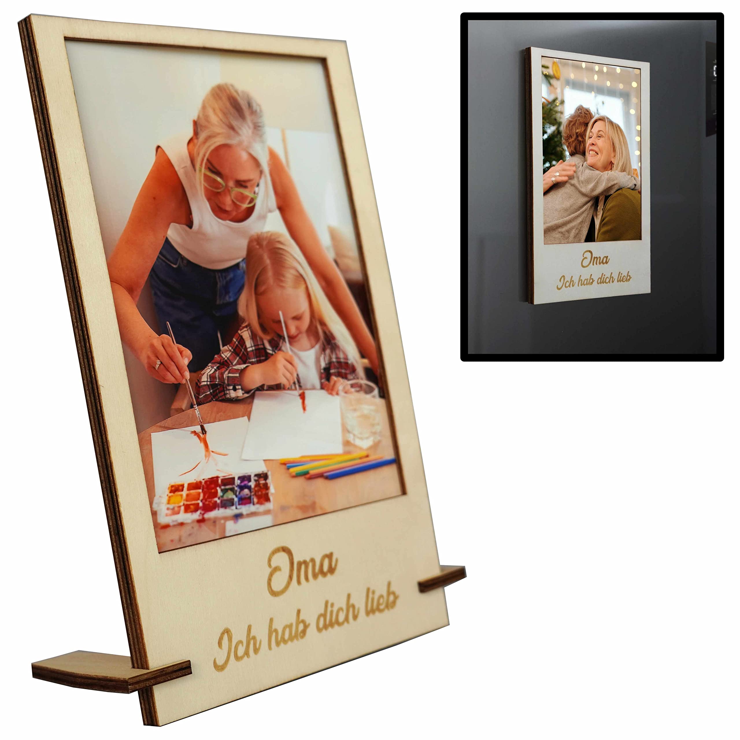 Personalised Wooden Picture Frame with Magnets for the Fridge or with Stand for Grandma | Photo Standard Format 10 x 15 cm | Magnetic Photo Holder for Metal Surfaces | Gift Idea Grandma