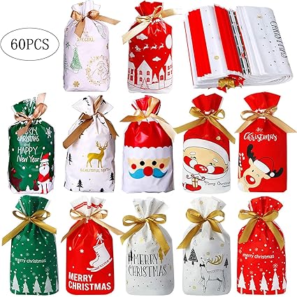 60pcs Party Bag Foil Christmas Drawstring Wrap Gift Bags Wedding Candy Favor Bag