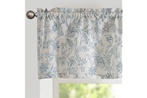 Lazzzy Kitchen Valance Curtain Linen Floral Farmhouse Valance for Living Room Bathroom Bedroom Country Valances Window Treatments Small Window Cafe Curtain 16 Inch Rod Pocket 1 Panel Blue on Beige