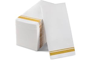 BLOOMINGOODS Disposable Linen-Feel Peper Napkins, Decorative White Guest Towels, 12" x 17" Gold Line Hand Napkins For Wdding, Party Or Event - Pack of 100