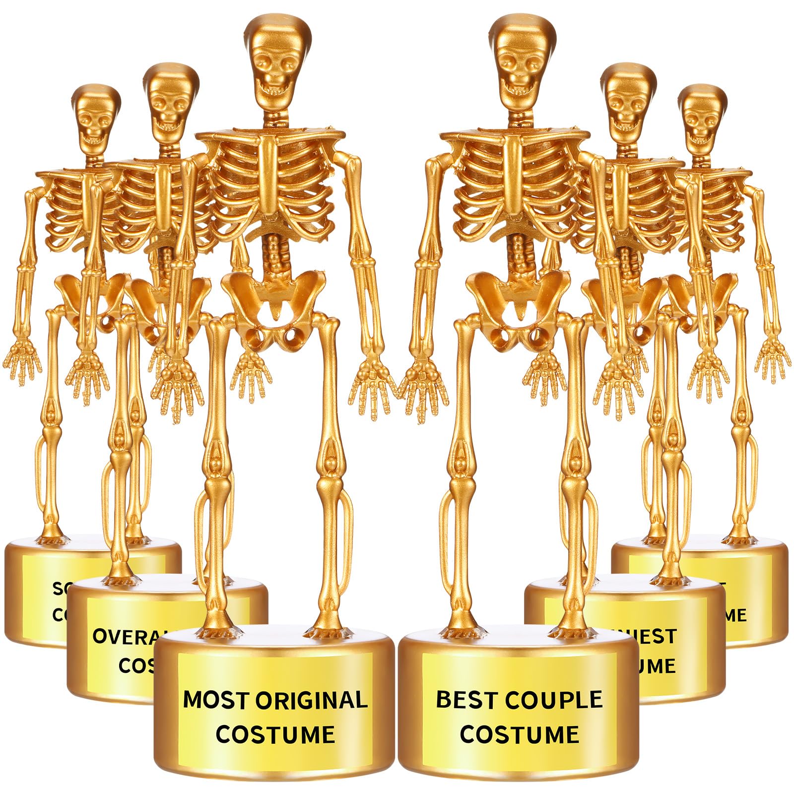 Photo 1 of 12 Pieces Halloween Costume Skeleton Trophies 6.7 x 2.4" Halloween Skull Plastic Gold Trophy Halloween Skeleton Costume Contest Event Awards for Adults Contest Awards Prizes Goodie Bag Fillers