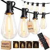 Patifaire 110FT(100+10) Outdoor LED String Lights with 2FT Bulb Spacing, Waterproof, Shatterproof, Dimmable, Warm White, 3 Lighting Modes, Timer, Plug in Hanging Backyard Lights for Outside, Patio