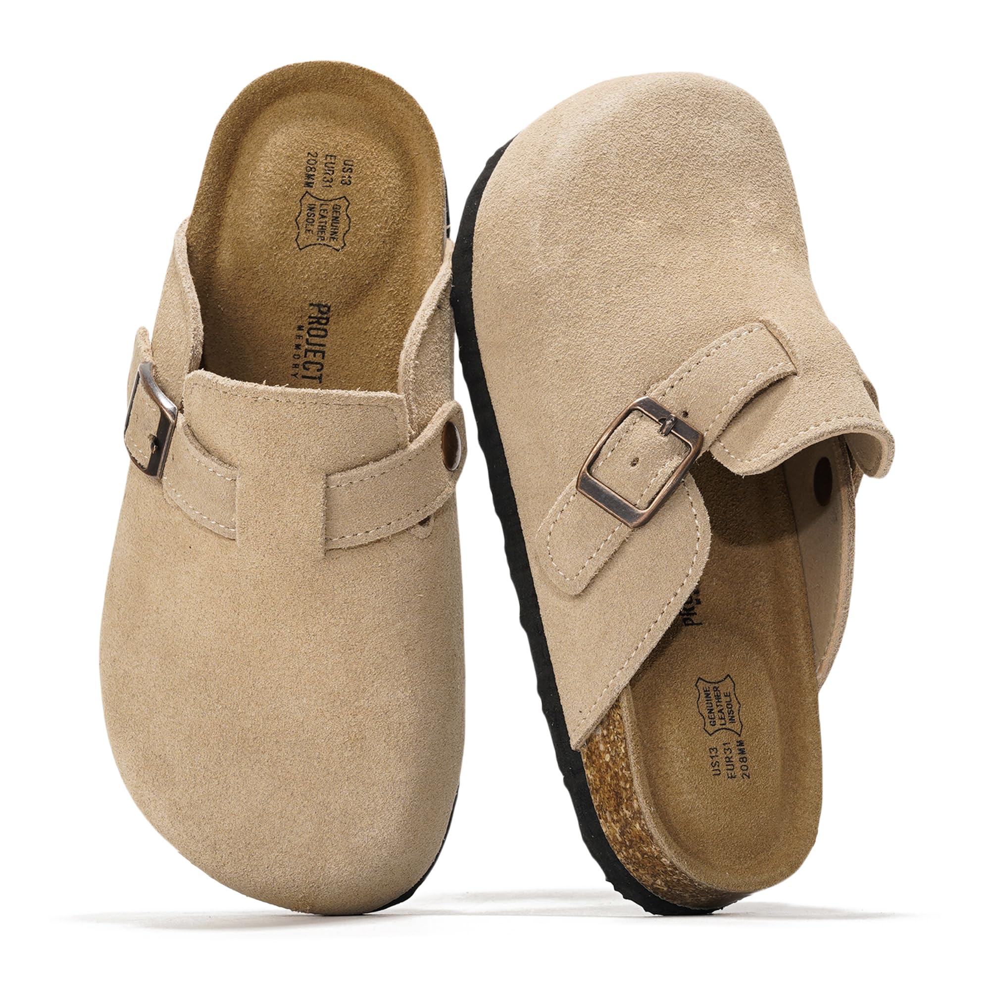 Project Cloud 100% Genuine Leather Kids Clogs with Natural Cork Footbed & Memory Foam Insole Arch Support Non-Slip Clogs for Kids Slippers Sandals for Boys & Girls Footwear(LittleBenton,STONSUEDE,1) Image