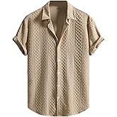 Verdusa Men's Shirts Button Down Short Sleeve Shirt Textured Summer Vacation Casual Dressy Tops