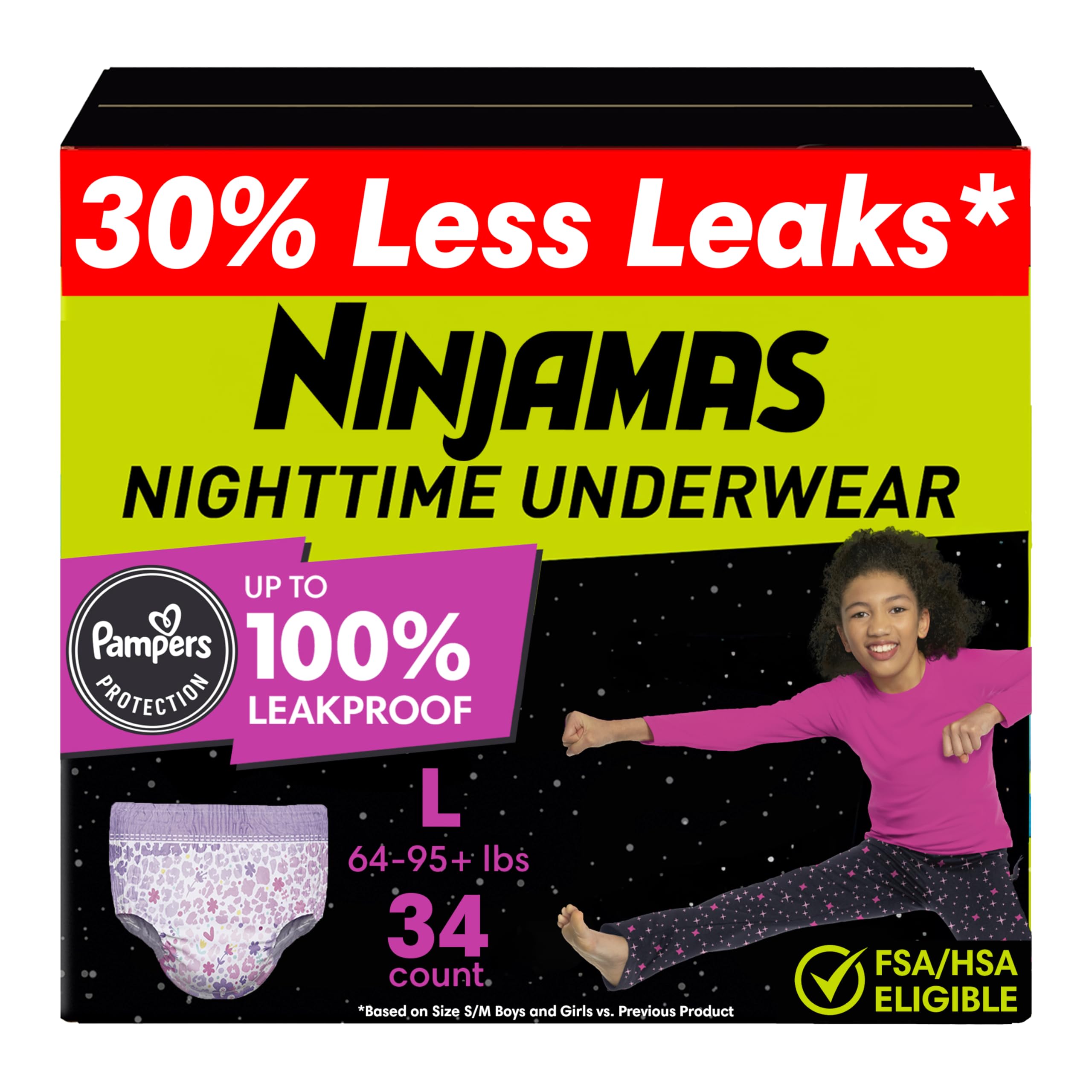 Photo 1 of ***used missing parts **Ninjamas Girls Bedwetting Nighttime Underwear, Size L (64-95+ lbs), 34 Count, Overnight Protection, Ultra Absorbent, Hypoallergenic