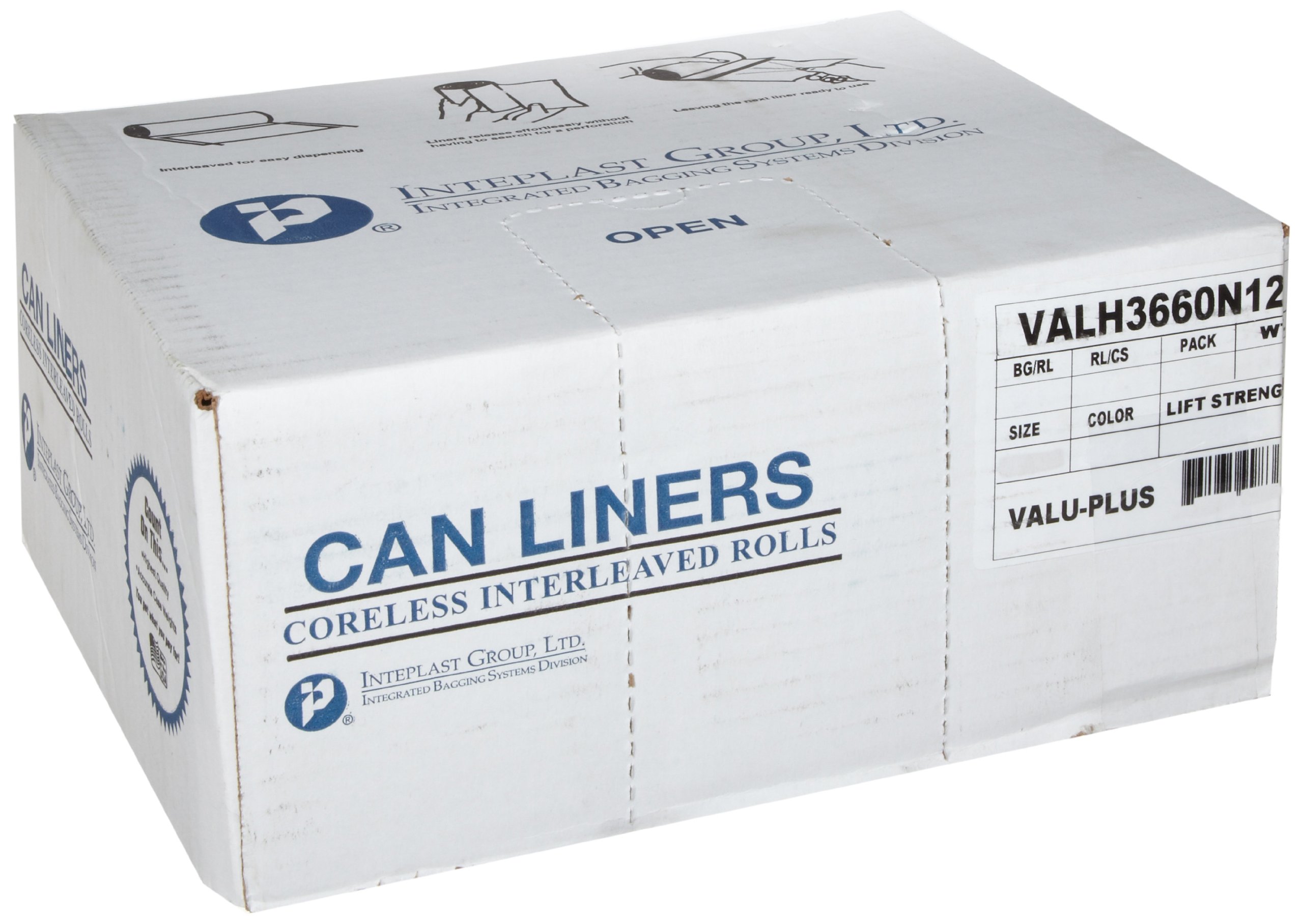 Inteplast Group VALH4048K22 40-45 gallon Capacity, 46" Length x 40" Width x 19 Mic Thickness, Black Color, HDPE Commercial Coreless Valu-Plus Institutional Trash Can Liner (Case of 6 Roll, 25 Bags per Roll)