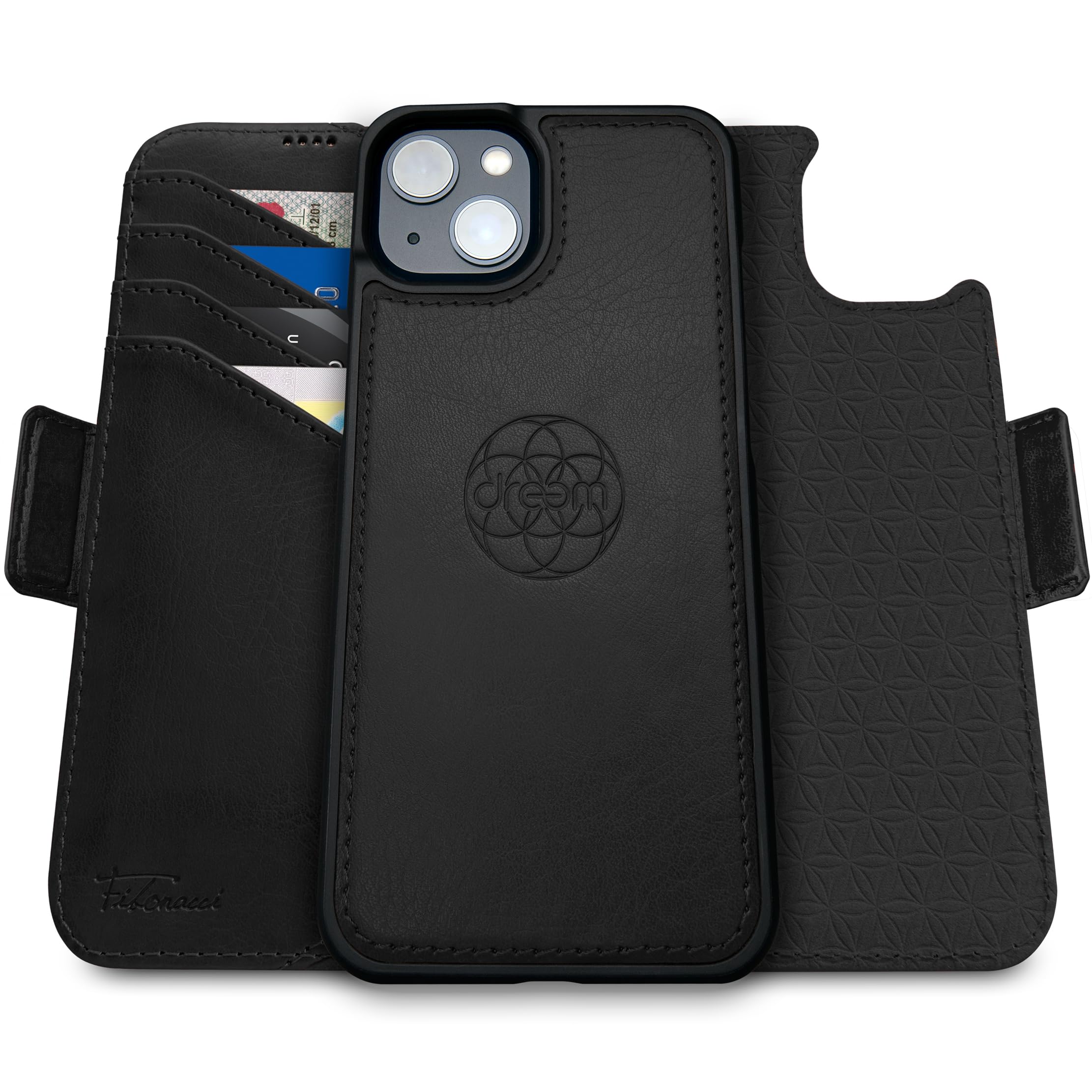 dreem Wallet Case for iPhone 15 Plus, Revolutionary Vert/Hor Phone Stand, Magnetic Detachable Vegan Leather Flip Cover RFID Blocking Card Holder, MagSafe-Fit, Gift Box [Fibonacci: Black] — image 1
