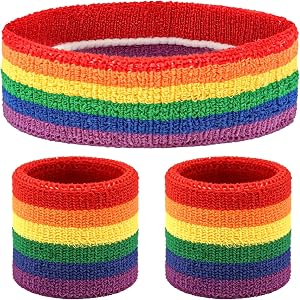 KICOSY Rainbow Sweatband Set - Pride Headband and Wristbands, Terry Cloth Striped Sweatband Set for Sports, Gym, 80s Costumes