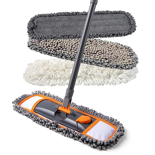 CLEANHOME Mops for Floor Cleaning with 3 Different Washable Pads and Extendable 55” Long Handle, Multifunction Dust Mop for Hardwood,Marble,Tile Floor Mopping,Orange