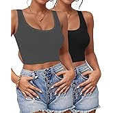 2Pcs Tank Tops for Women, U Neck Sleeveless Crop Tops, Basic Cropped Racerback Going Out Tops Athletic Sports Shirts, M, Black+Grey