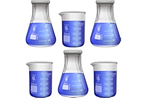 Laboratory Shot Glass Set, 6 Pieces, 50ml Beakers and 50ml Flasks, Borosilicate Glass, Karter Scientific 233V2