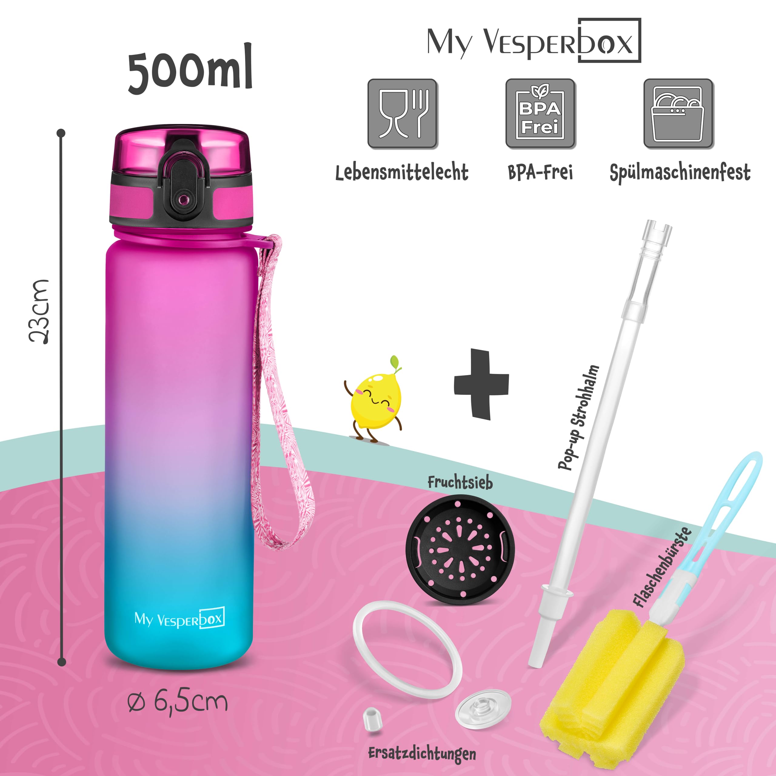 My Vesperbox – Minny - Kinder Trinkflasche auslaufsicher – 500ml – mit Strohhalm oder Sieb - leichte Tritan Wasserflasche - BPA frei - für Kindergarten, Schule (Lila - Blau 500ml) 2