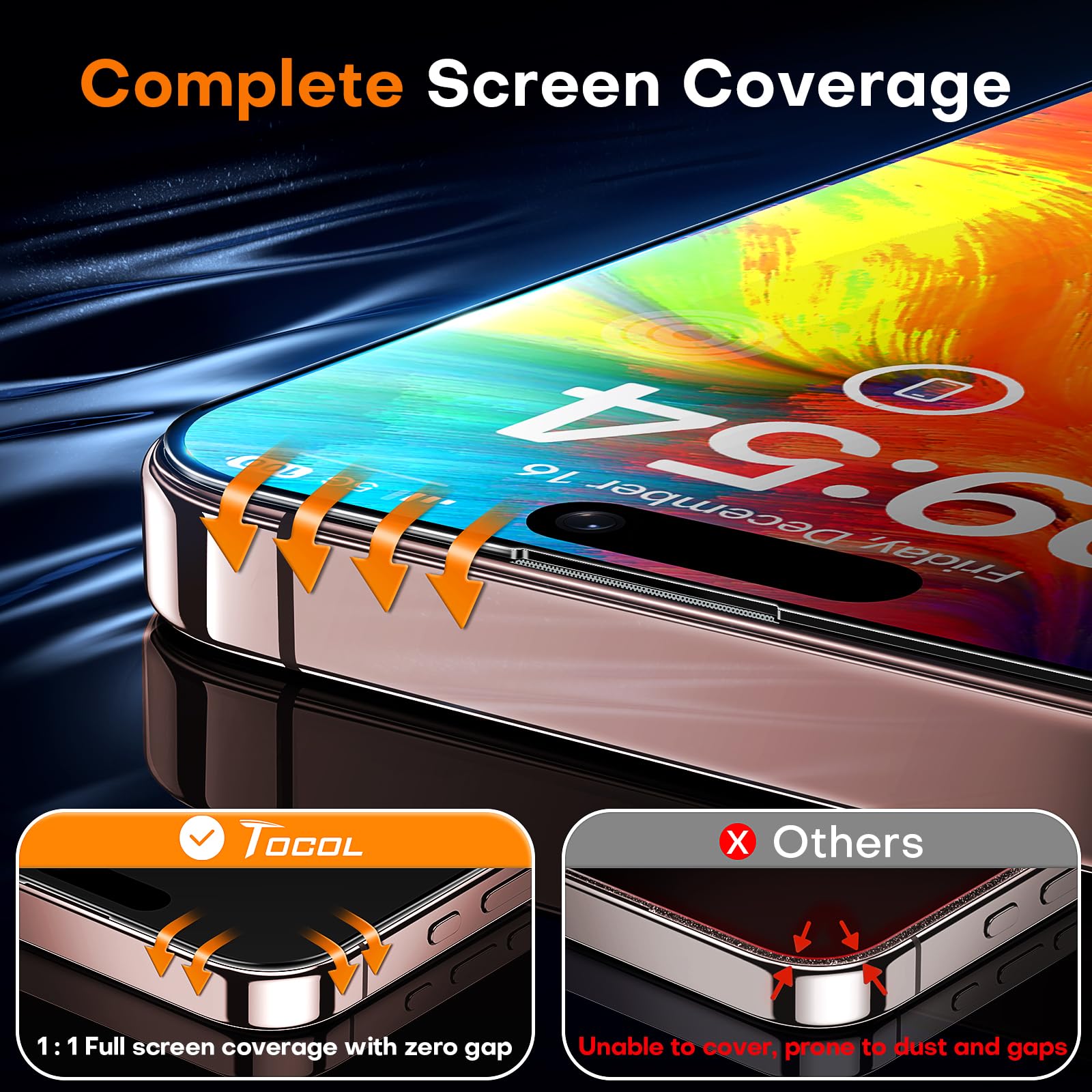 TOCOL for iPhone 17 Pro/iPhone 16 Pro Screen Protector 6.3-Inch, Instant Installation, Tempered Glass HD Clear, Full Coverage Protection, Military Grade Shatterproof, Case Friendly, 2 Pack