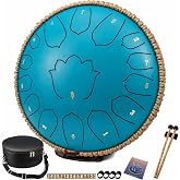 BETESINE 13-Inch 15-Note Steel Tongue Drum, C Major, lake blue | Beginner set with mallets, music book, note labels and carrying bag for practice, meditation, yoga and gifting