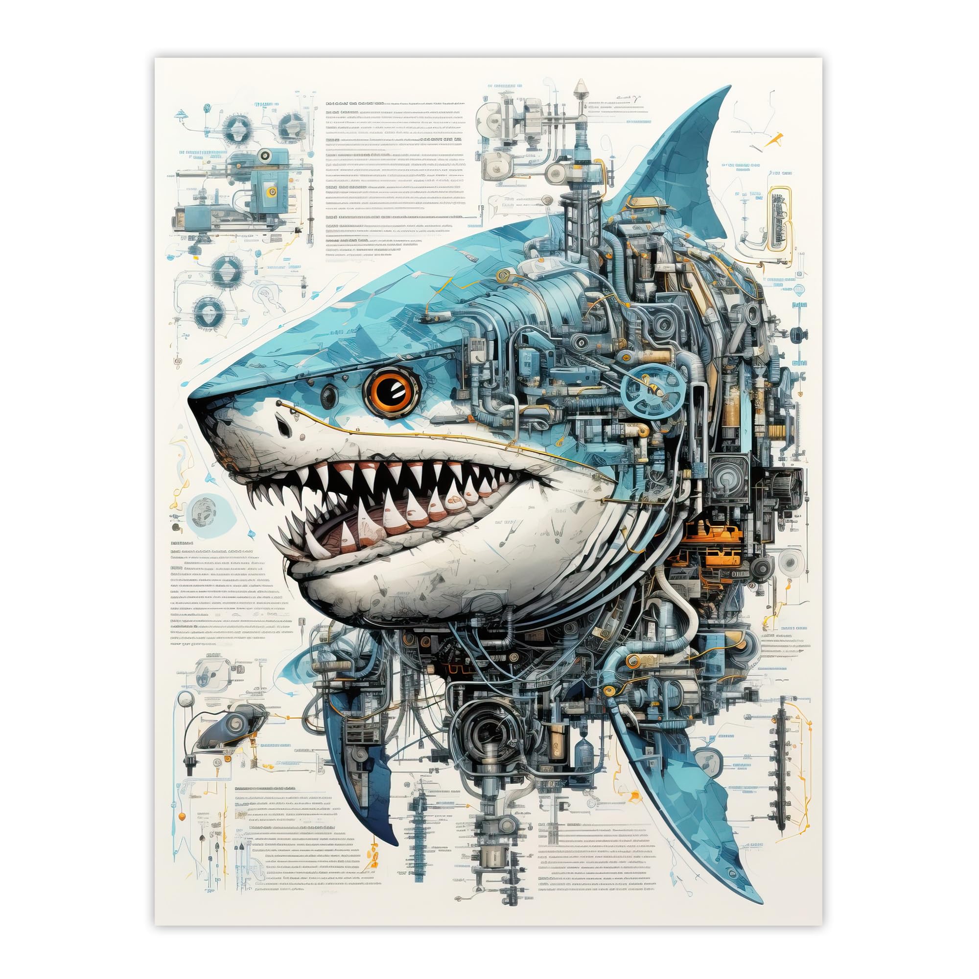 Artery8 Weapons Grade Shark Robot Hybrid Secret Military Schematic Blueprint Futuristic Complex Arcane Manuscript Gift For Him Man Cave Extra Large XL Wall Art Poster Print