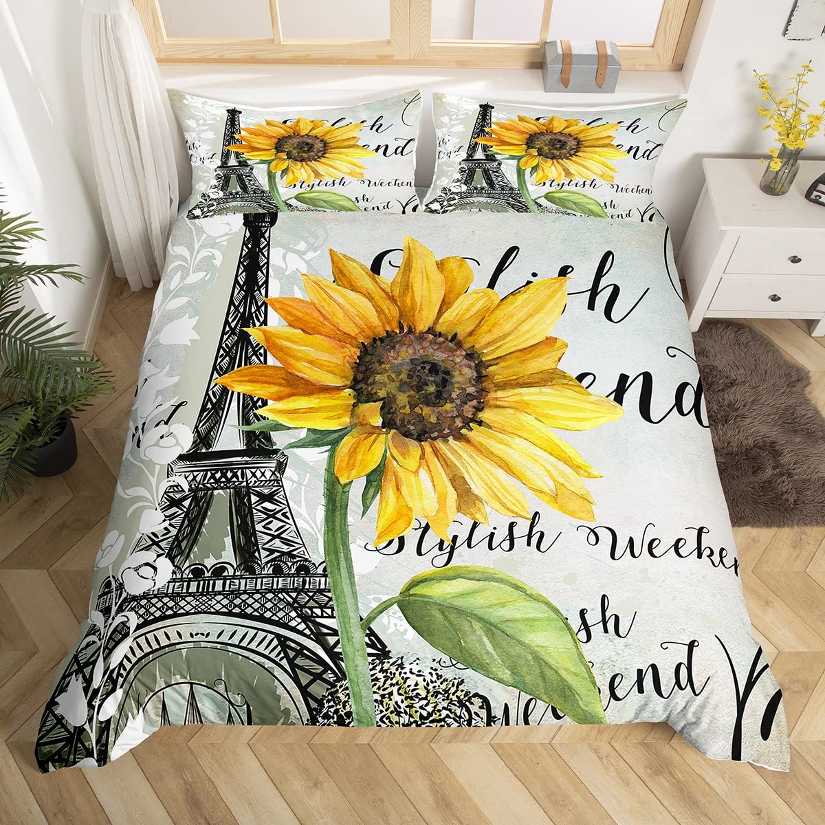 Loussiesd Eiffel Tower Sunflower Duvet Cover Bedding Set Botanical Floral for Kids Girls Paris Tower Comforter Cover Modern Bedspread Cover Duvet Cover King Size
