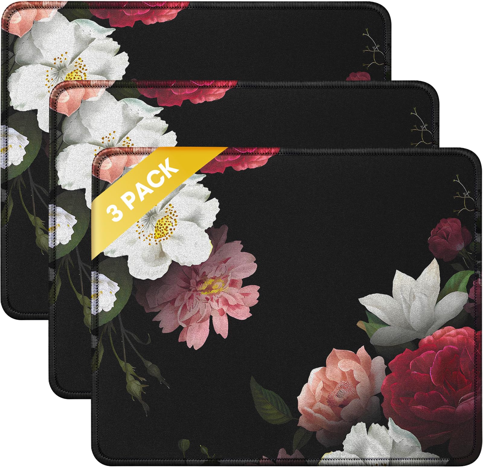 JIKIOU 3 Pack Mouse Pad with Stitched Edge, Portable Size-10.2x8.3in Peony