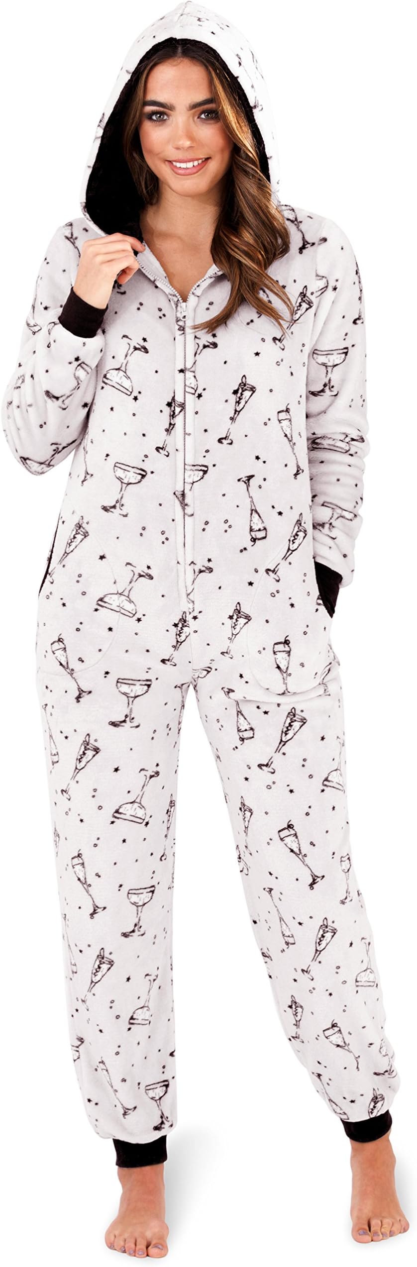 Dannii Matthews Stylish, Ladies, Womens Flannel Fleece Prosecco Print All in One Onesie, Jumpsuit, Silver, XS-Large