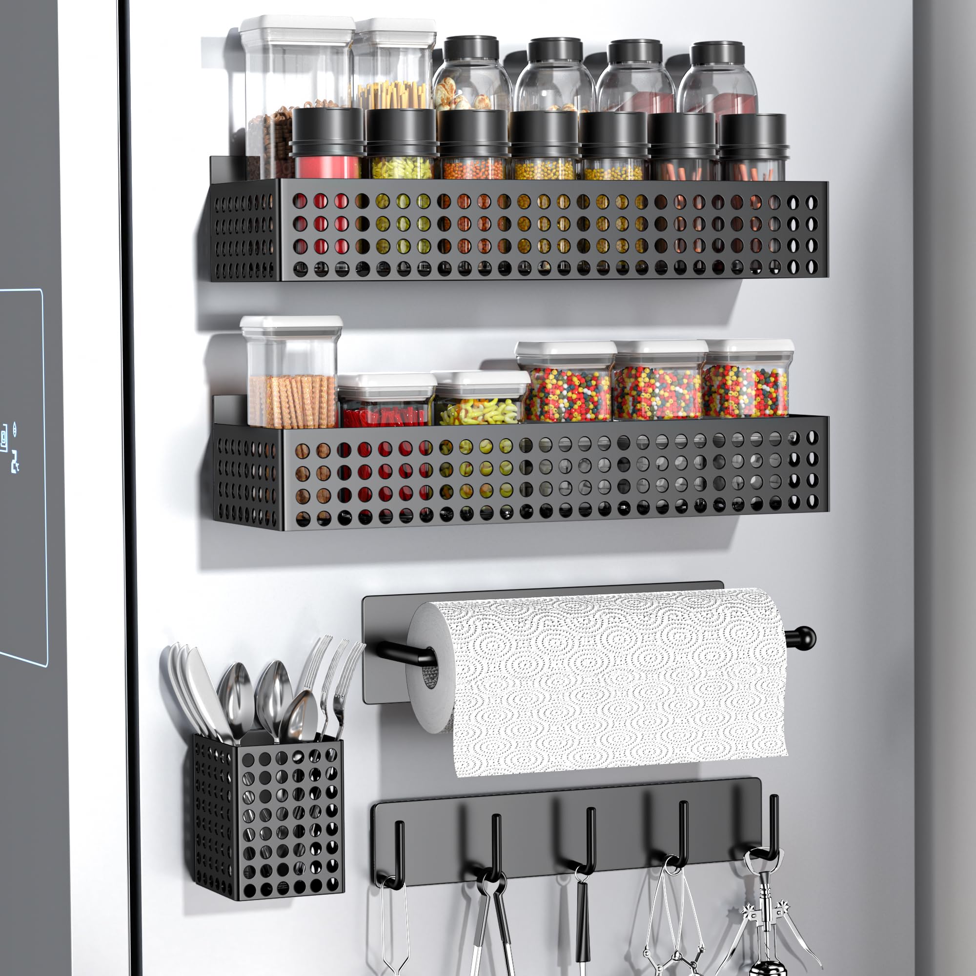 Photo 1 of Toosci Magnetic Spice Rack for Refrigerator 2 Tiers and Paper Towel Holder and Utensil Holder, Magnetic Refrigerator Organizer, Strong Magnetic Fridge Shelf, Side Fridge Storage Rack for Kitchen