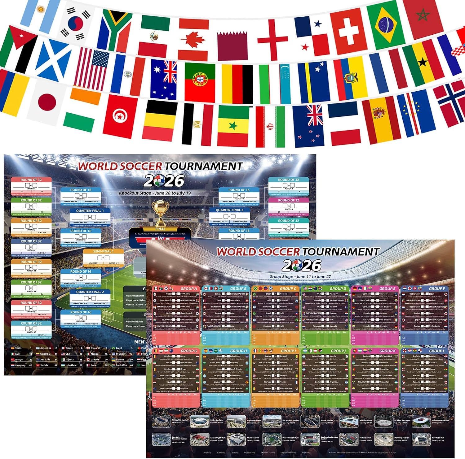 AhfuLife 2 Pcs World Cup Schedule Poster 2026 & 48 Countries String Flag Banner Set for Party Decorations, 23.3" x 16.5" World Cup Match 2026 Calendar and Fabric String Flags for Fans Home Bar Decor