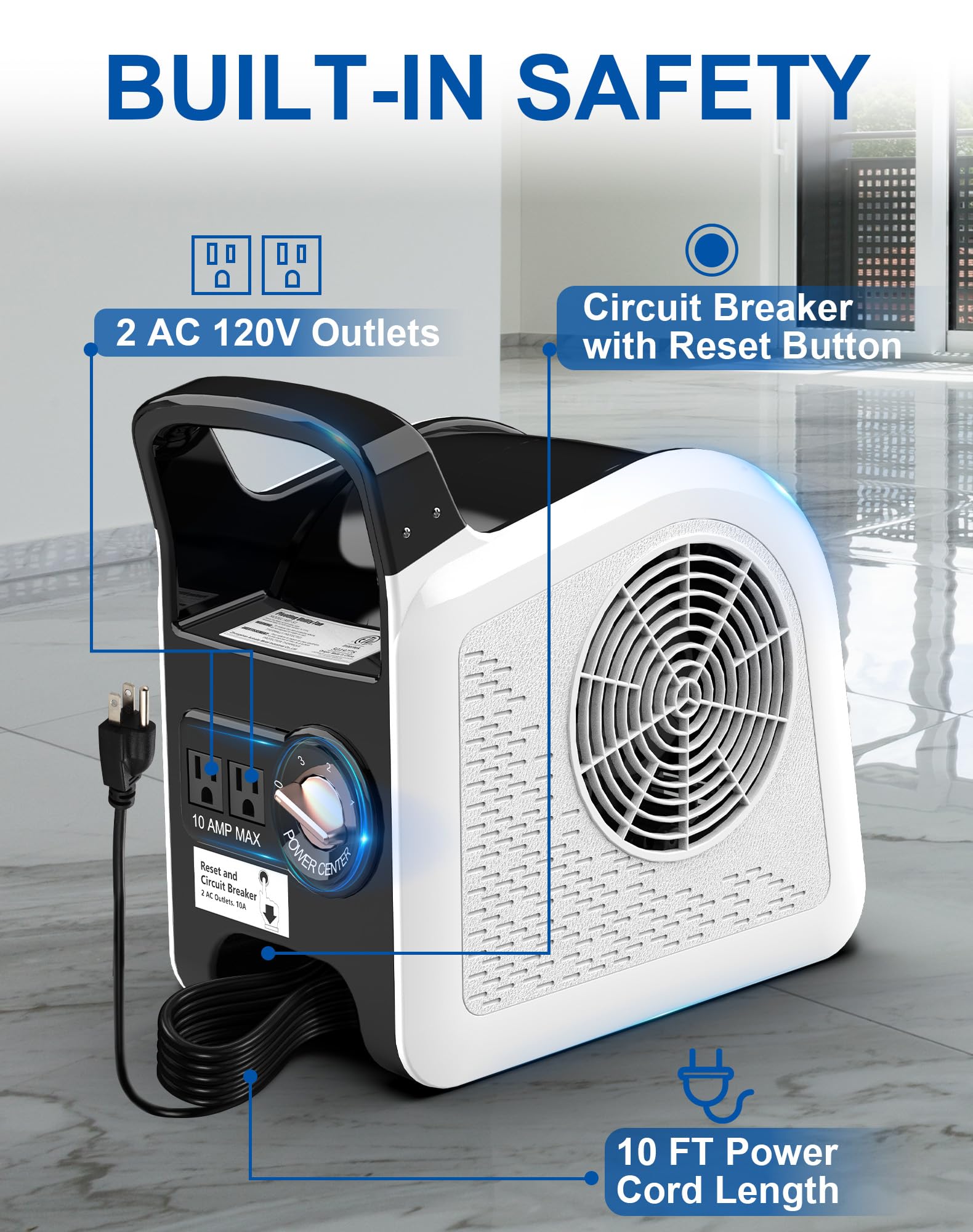 Air Mover Blower Fan - Utility Fan 3 Speeds, 2 AC Outlets, Reset and Circuit Breaker, Carpet Dryer for Garage, Gym, Shop, Kitchen - Ventilating, Cooling and Drying, 12