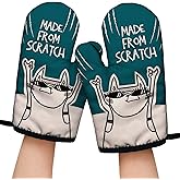 Made from Scratch Funny Green Oven Mitts with Hanging Loop and Silicone Non-Slip, Cat Lover Cooking Baking Kitchen Utensils 2-Piece Set, Gifts for Bake Lover Chef Cat Owner BFF Sister