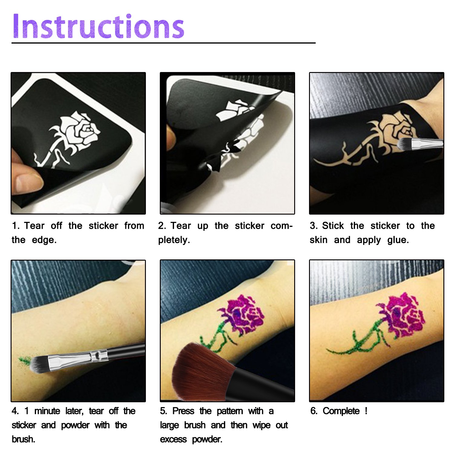 Tattoo-Kit Xpassion Temporäre Glitzer Tattoo Make Up Körper Glitzer Kunst Design für Kinder Teenager Erwachsene, mit 15 Farben der Glitzer, 48 Blatt Einzigartig Themed Tattoo Schablone