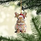 Talataca Rabbit 2D Flat Christmas Ornament, Bunny Wearing Christmas Hat Reindeer with String Lights Pine Tree Decor, Hanging House Charm Eve Keepsake, Car Rear View Mirror Accessories, Xmas Gift