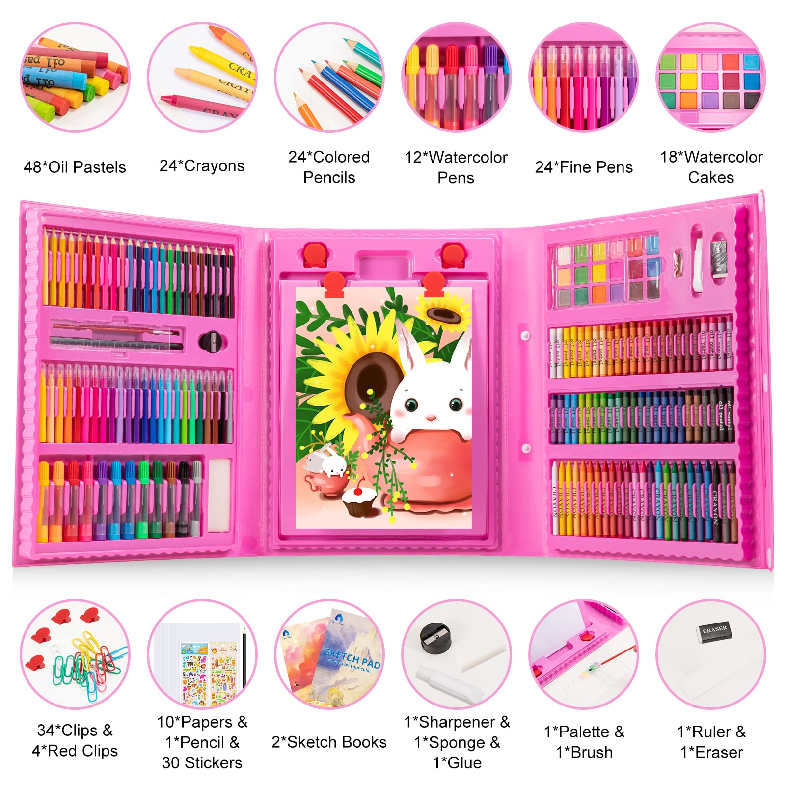 VigorFun Art Supplies, 240-Piece Drawing Art Kit, Gifts for Kids Girls Boys Teens, Art Set Crafts Case with Double Sided Trifold Easel, Includes Sketch Pads, Crayons, Colored Pencils (Pink)