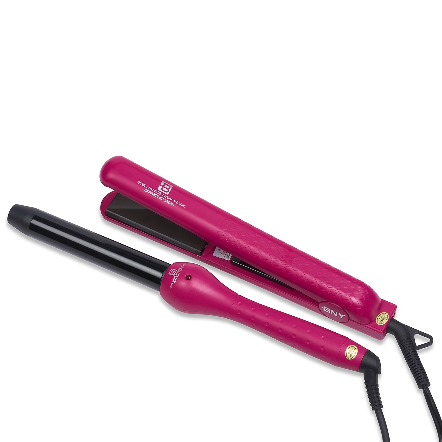 Brilliance New York - Flat and Curling Irons Set: 1.25" Diamond and Ceramic Flat Iron + 1" Clipless Curling Iron, Purple