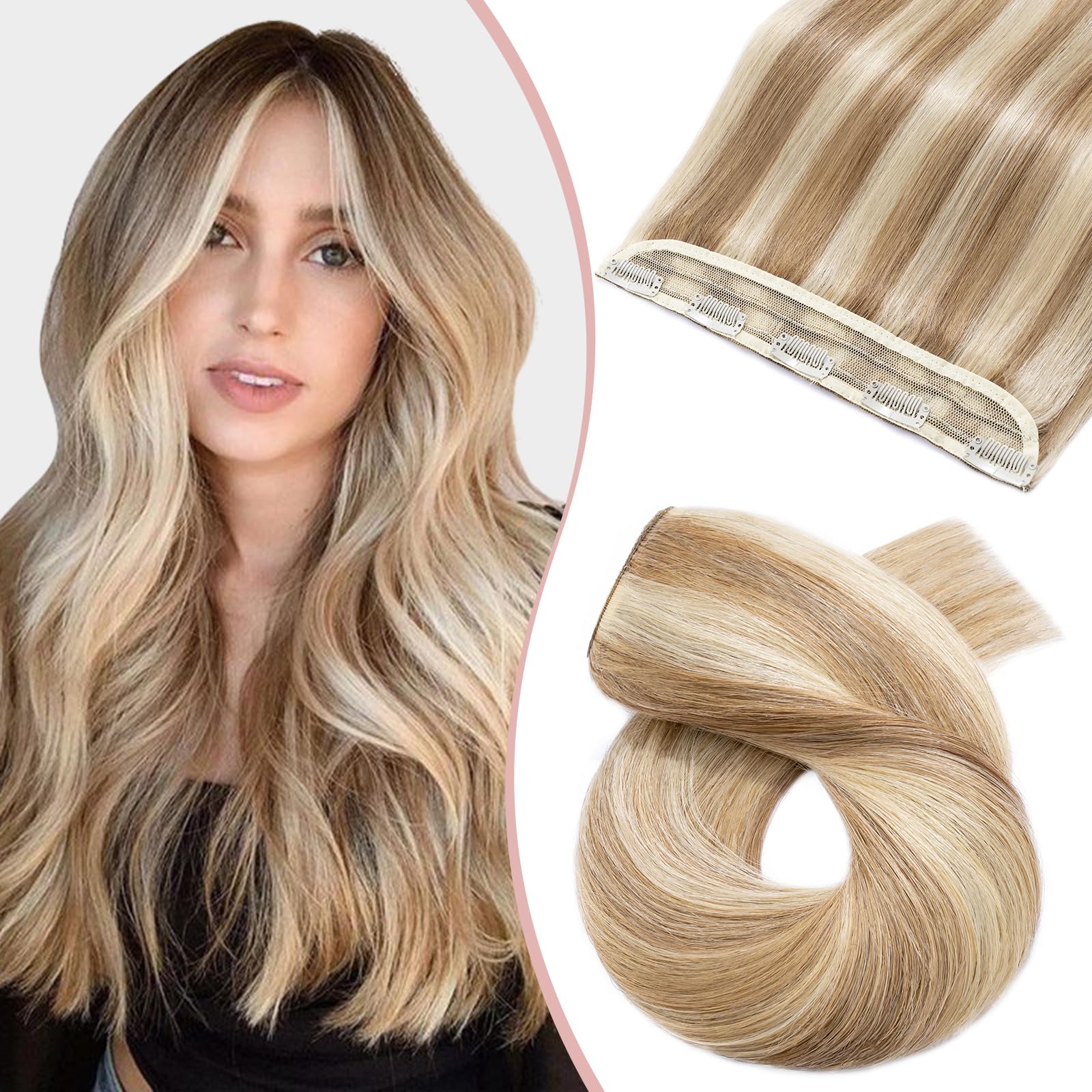 Silk-co Clip in Hair Extensions Human Hair 24inch Long Straight One Piece Clip on Hair Extensions Seamless Highlighted 3/4 Half Head (24"-60g, #12P613 Golden Brown&Bleach Blonde)-Basic Thickness
