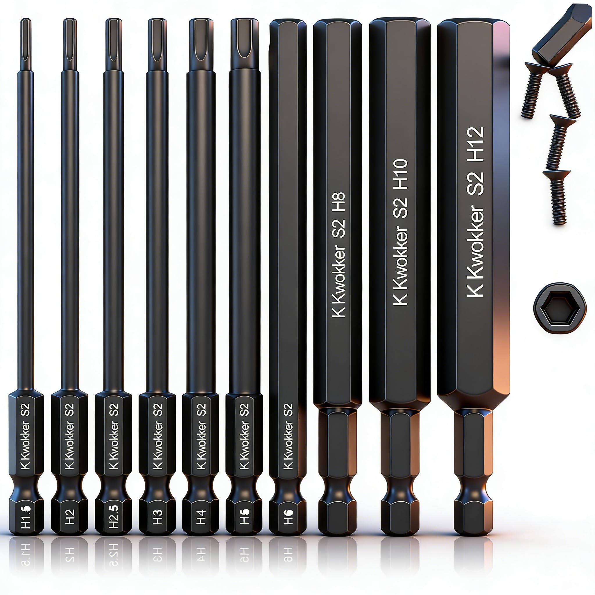 K Kwokker 10PCS 100MM Allen Wrench Drill Bits, 1.5mm-12mm Black Allen Key Bit Set, 1/4 Inch Hex Shank Hex Screwdriver Bit Set for Assembling Furniture